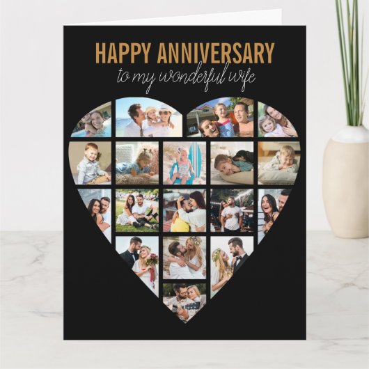 ハートコラージュ黒パーソナライズされた周年記念 カード (正面)