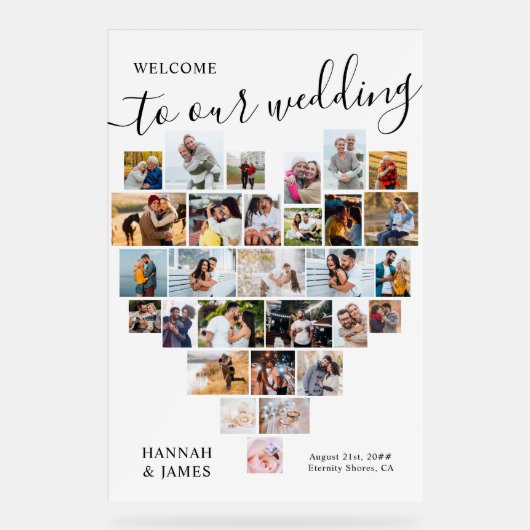 ハートコラージュ29ピックホワイト結婚ズ・ウェルカム アクリルサイン (正面)