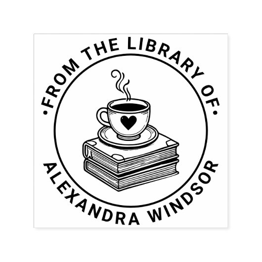 ハートコーヒーカップ 本の積み重ね ライブラリー 本の名前 セルフインキングスタンプ (デザイン)