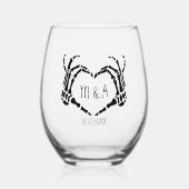 ハートシェイプのスケルトンの手パーソナライズされた結婚の数 ステムなしワイングラス (正面)