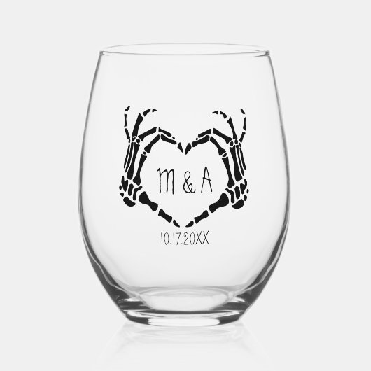 ハートシェイプのスケルトンの手パーソナライズされた結婚の数 ステムなしワイングラス (正面)