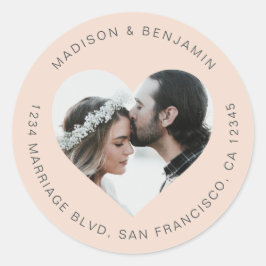 ハートシェイプ写真結婚の差出人住所ピンク ラウンドシール