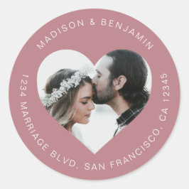 ハートシェイプ結婚写真の差出人住所紫 ラウンドシール