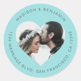 ハートシェイプ結婚写真の差出人住所青 ラウンドシール