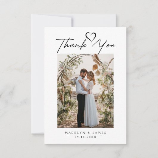 ハートシンプルの写真を使用したミニマル結婚リストスクリプト サンキューカード (正面)