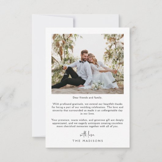 ハートシンプルの写真を使用したミニマル結婚リストスクリプト サンキューカード (裏面)