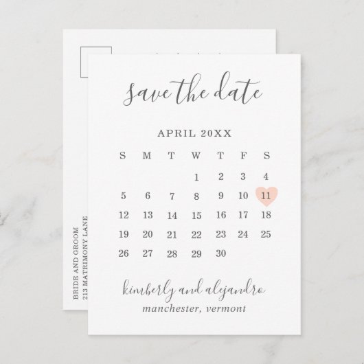 ハートシンプルカレンダー結婚式の日付を保存 案内ポストカード (正面/裏面)