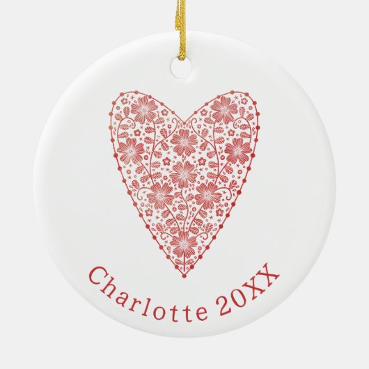 ハートスカンジナビア赤パーソナライズされた白 セラミックオーナメント (裏面)