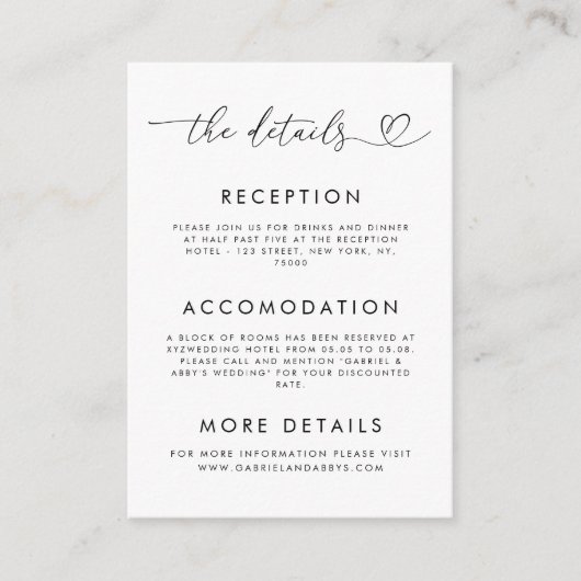 ハートスクリプトと写真の結婚詳細ミニマリスト エンクロージャーカード (正面)