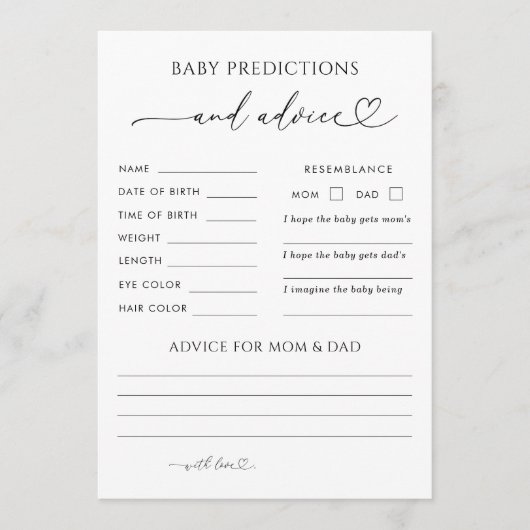 ハートスクリプトベイビーシャワーの予測とアドバイスカード アドバイスカード (正面)