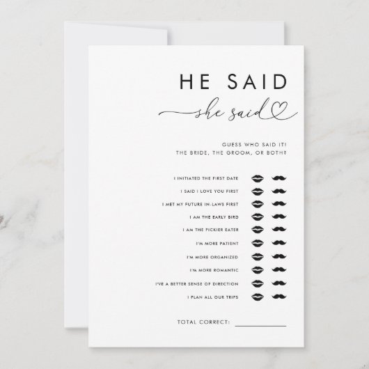 ハートスクリプト彼は彼女はブライダルシャワーゲームを言った 招待状 (正面)