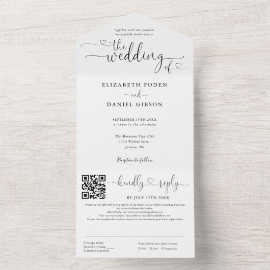 ハートスクリプト白黒QRコード結婚s オールインワン招待状 (内側)