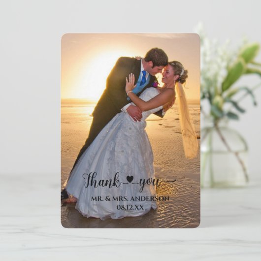 ハートスクリプト紙吹雪バック写真結婚の感謝 サンキューカード (スタンド正面)