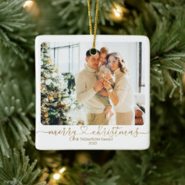 ハートスクリプト金ゴールドメリークリスマスフォトホリデー セラミックオーナメント