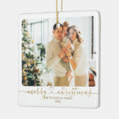 ハートスクリプト金ゴールドメリークリスマスフォトホリデー セラミックオーナメント (左)