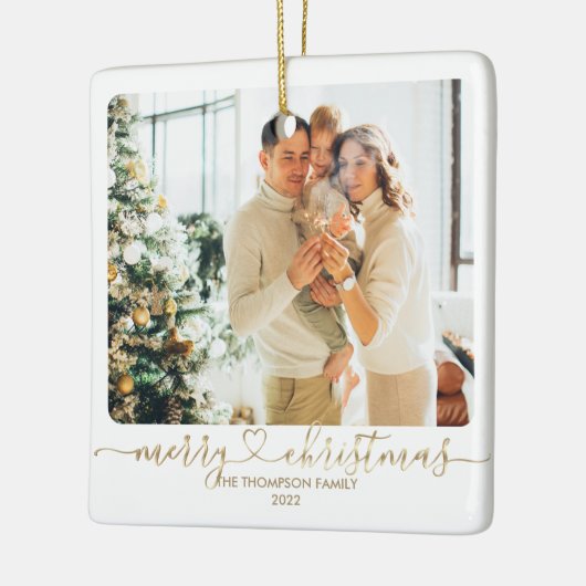 ハートスクリプト金ゴールドメリークリスマスフォトホリデー セラミックオーナメント (左)