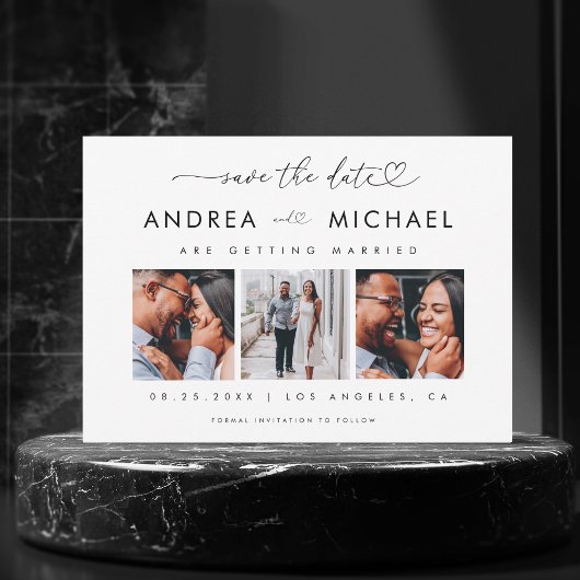 ハートスクリプト&3枚の写真コラージュ ロマンチックウェディング セーブザデート