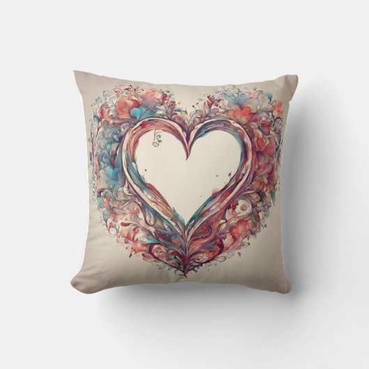 ハートストリング – 水色ハート絵画の クッション (正面)