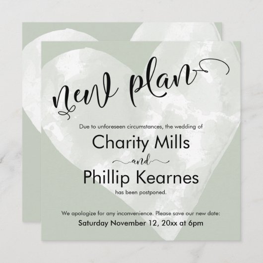 ハートセージ結婚グリーン延期の新しい計画カード (正面/裏面)