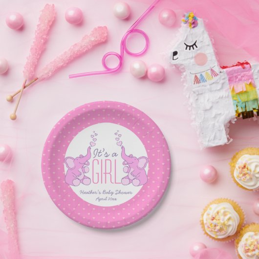 ハートゾウ女の子の赤ちゃんシャワー紙プレート ペーパープレート (パーティー)