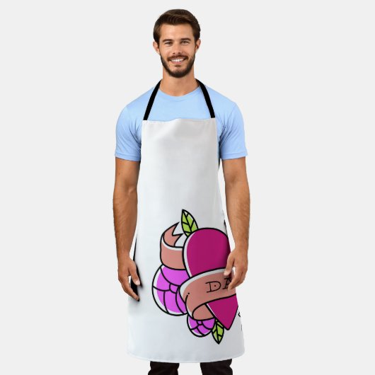 ハートタトゥーパパピンクブラックグリーンファーザーズデイラブ エプロン (着用した状態)