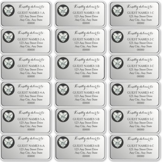 ハートダイアモンド結婚シルバーのゲストアドレスステッキ シール (正面)