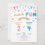 ハートダブルお祝いボーイガールジョイント誕生日 招待状 (正面)
