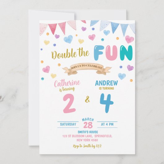 ハートダブルお祝いボーイガールジョイント誕生日 招待状 (正面)