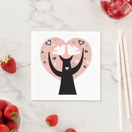 ハートツリーと2つの鳥の紙ナプキン スタンダードカクテルナプキン