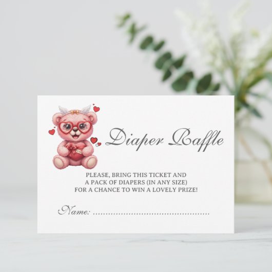 ハートテディベア ピンク ベビーシャワー おむつラッフル エンクロージャーカード (スタンド正面)