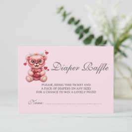 ハートテディベア ピンク ベビーシャワー おむつラッフル エンクロージャーカード