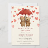 ハートテディベア "Shower with Love" ベビーシャワー 招待状 (正面)