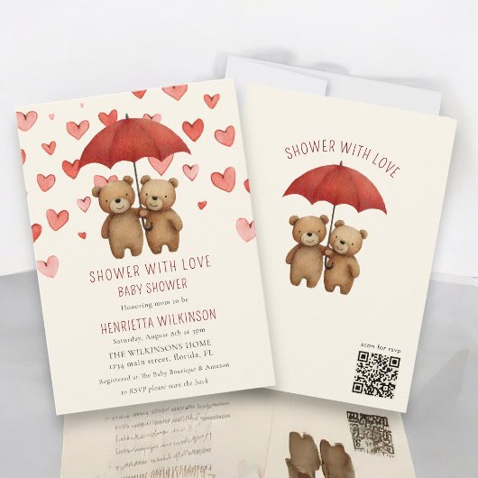 ハートテディベア "Shower with Love" ベビーシャワー 招待状