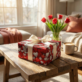 ハートデイお祝い：赤と白のラブアート ラッピングペーパー