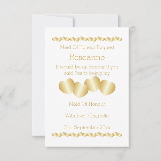 ハートデザイン金ゴールドカラーメイド・オブ・オーナー(花嫁付き添い人)要求 招待状 (正面)