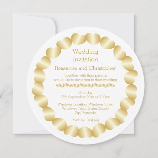 ハートデザイン金ゴールドカラー結婚式招待状 招待状 (正面)