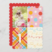 ハートドットパッチワークガール写真1歳誕生日 招待状 (正面/裏面)