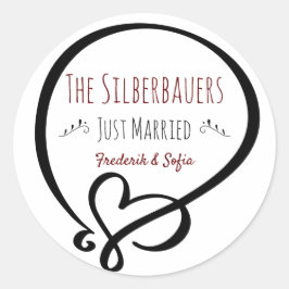ハートドードル、たった今結婚しました、カップルの名前 ラウンドシール