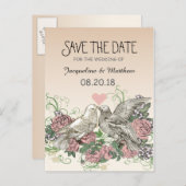 ハートドーブバラピンクロマンス – 日付を保存 案内ポストカード (正面/裏面)