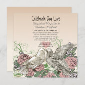 ハートドーブバラピンクロマ結婚ンス 招待状 (正面/裏面)