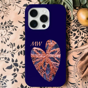 ハートネイビーブルーオレンジモノグラム刺スタイリッシュ刺 iPhone 15 PROケース