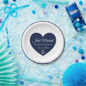ハートネイビーブルー航海のたった今結婚しました結婚ズ ペーパープレート (パーティー)