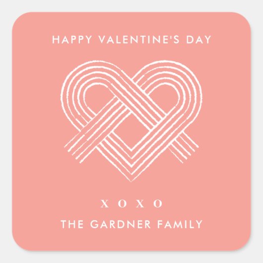 ハートノットバレンタインデーステッカー – ピーチ スクエアシール (正面)