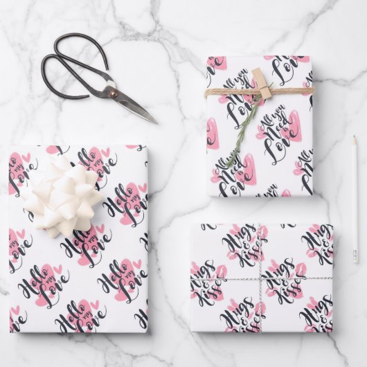ハートハグとキスタイポグラフィ ラッピングペーパーシート (正面)