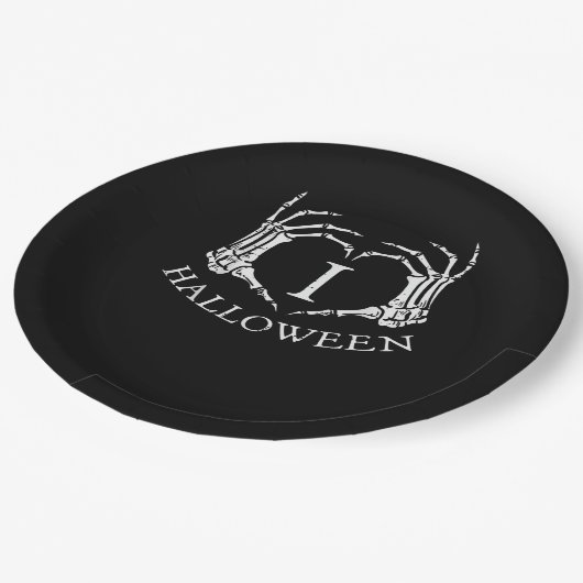 ハートハロウィーンのスケルトン手のコスチューム男性の女性キ ペーパープレート (アングル)