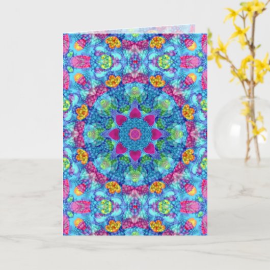 ハートバイオレットおよびブルーヴィンテージフラクタル万華鏡のように千変万化するパターン カード (黄色い花)