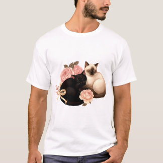 ハートバウンド: シャム猫と黒猫の花束 Tシャツ