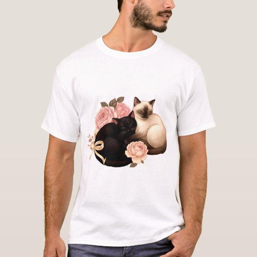 ハートバウンド: シャム猫と黒猫の花束 Tシャツ (正面)
