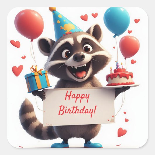 ハートバルーンとアライグマの誕生日ギフト ❤️ スクエアシール (正面)