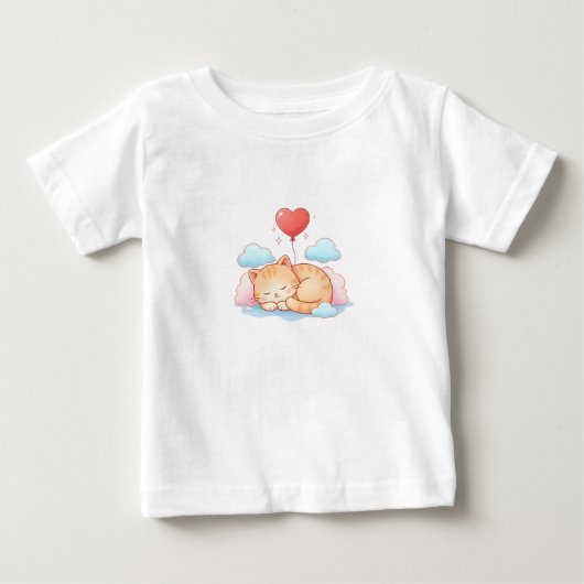 ハートバルーンと一緒に眠るかわいい猫 ベビーTシャツ (正面)